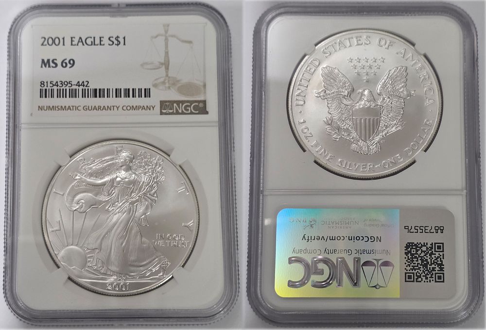 2001 American Eagle .999 Pure Silver Dollar
NGC Graded MS69. American Eagle Dollar MS69 
Year of 