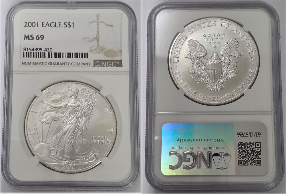 2001 American Eagle .999 Pure Silver Dollar
NGC Graded MS69. American Eagle Dollar MS69 
Year of 