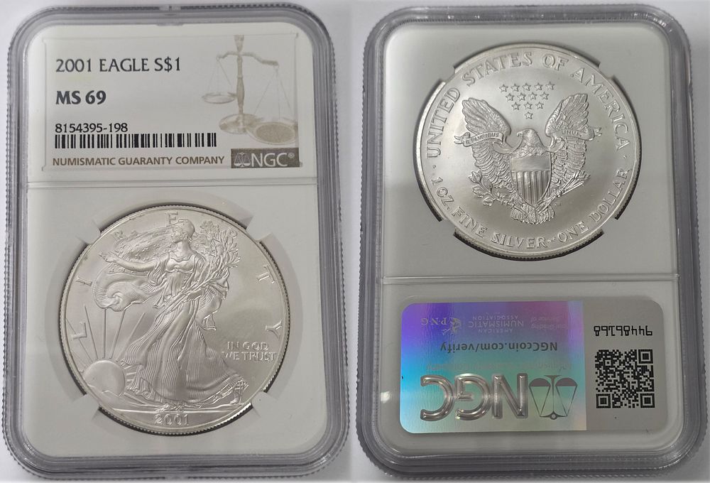 2001 American Eagle .999 Pure Silver Dollar
NGC Graded MS69. American Eagle Dollar MS69 
Year of 