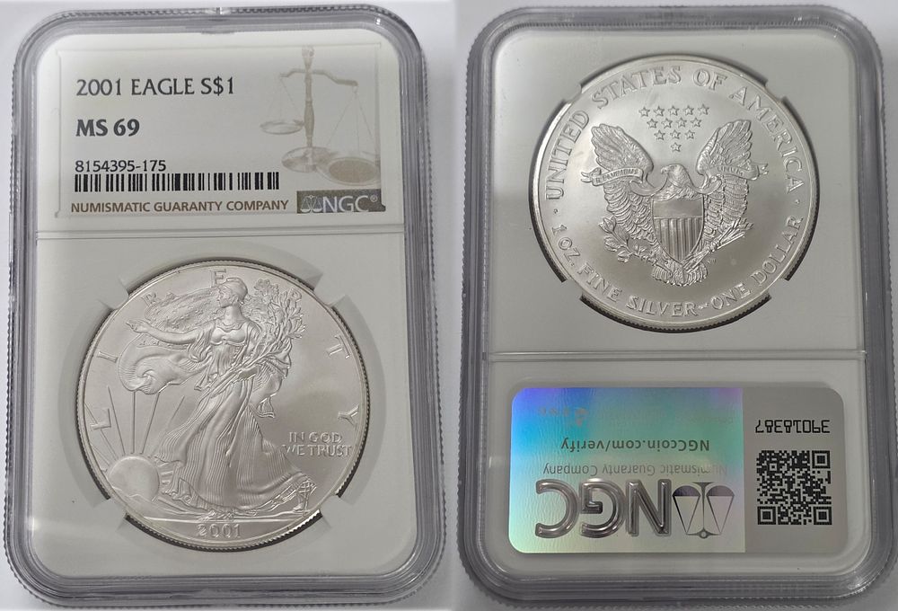 2001 American Eagle .999 Pure Silver Dollar
NGC Graded MS69. American Eagle Dollar MS69 
Year of 
