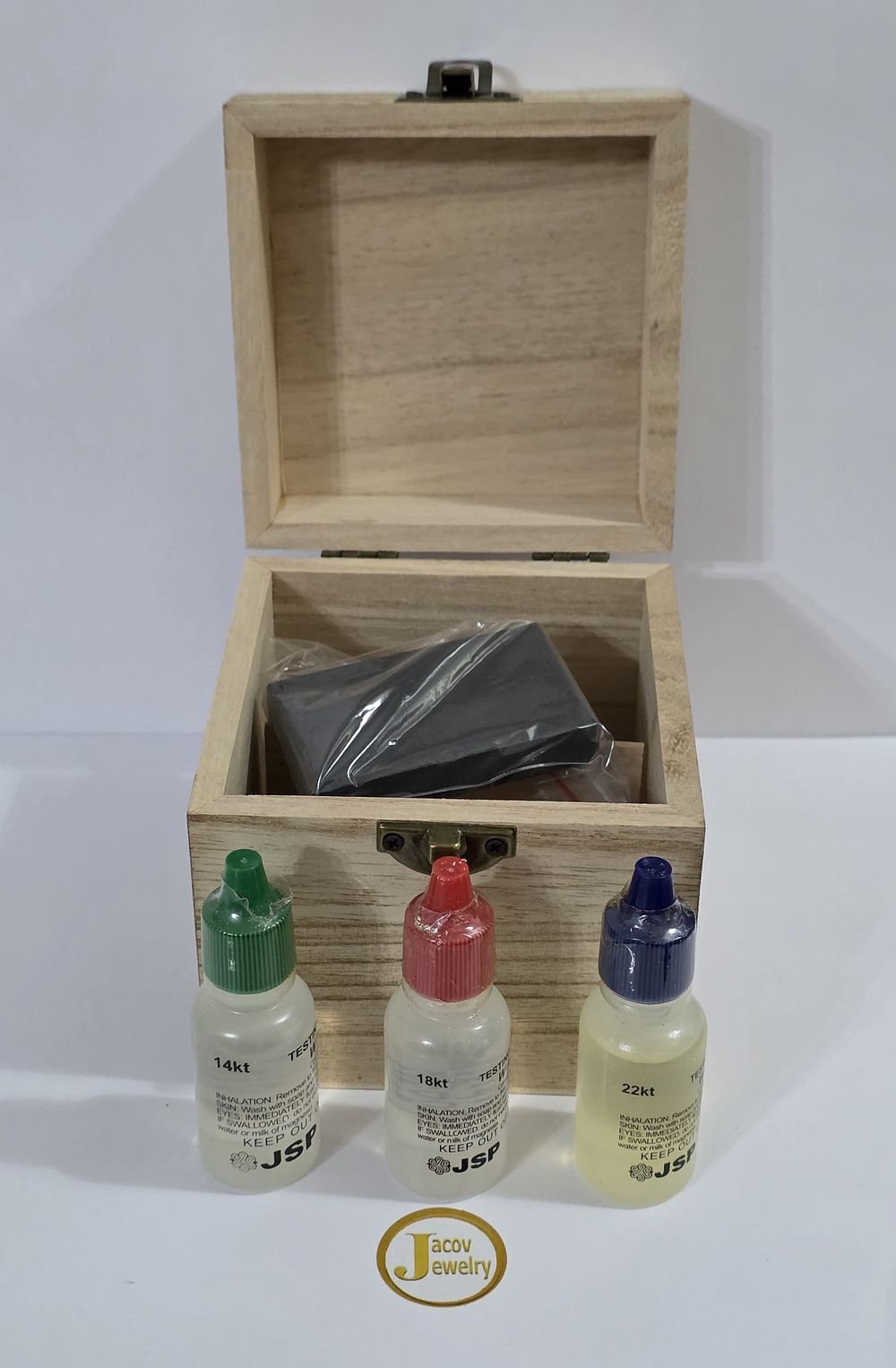 New gold testing acid set in packaging.... *Gold testing set includes a wooden box for the 