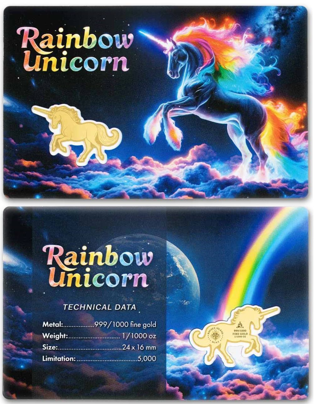 Pure 999 Gold Bar Unicorn in a plastic card for maximum retention of 1/1000 ounce weight 