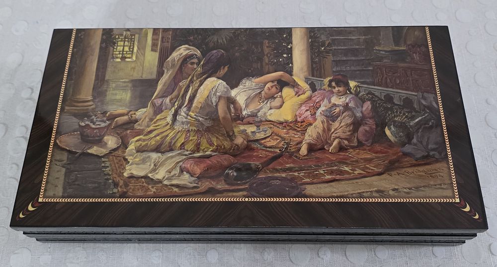 Antique wooden backgammon, vintage, very high quality, royal house, with leather decorations 