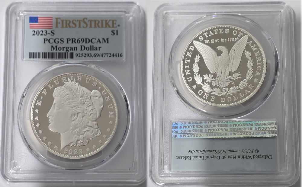 מטבע כסף טהור 999 מורגן Morgan דולר שנת 2023 מדורג PCGS בדרוג 69 (FirstStrike) (LIMITED 