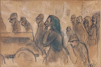 יעקב שטיינהרדט. לוויה יהודית, עפרונות צבעוניים על נייר, 13x20 ס"מ, חתום ומתוארך 1921, דמויות 