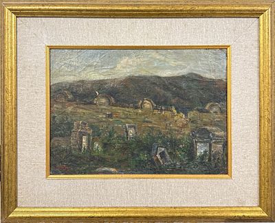 חיים גליקסברג. בית קברות יהודי באודסה, שמן על לוח, 23x31 ס"מ, נושאת מדבקה שהיצירה הוצגה במוזיאון 