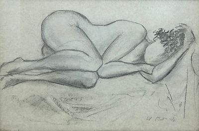 אורי ריזמן. דמות אישה שוכבת, עפרון על נייר, 33x50 ס״מ, חתום ומתוארך 1968, היצירה מלווה באישור 
