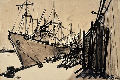 רות שלוס. נמל חיפה, דיו על נייר, 31x47 ס"מ, 1958, פנינה של האמנית, עבודה מוקדמת ונדירה, רות שלוס 
