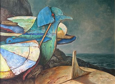 שמואל בק " time piece ", שמן על בד, 61x46 ס"מ, חתום, קומפוזיה ואלמנטים סוריאליסטים אופייניים 