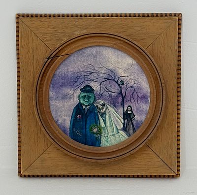 אביגיל יורש. חתן וכלה והנזירה, שמן על בד מוצמד למשטח, קוטר 14 ס"מ, חתום ומתוארך 1973, מבגור 