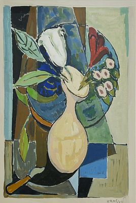 אביגדור לואיזדה. דומם, גואש על נייר, 51x33 ס"מ, ממוסגר.