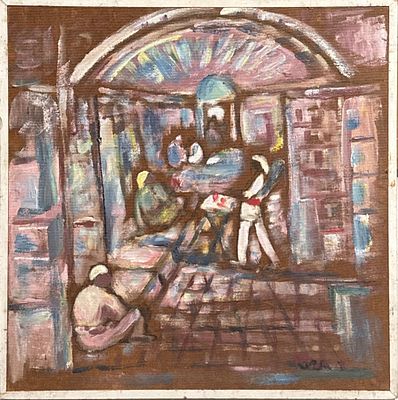 דוד הנדלר. רוכלים בעיר העתיקה, שמן על מזוניט, 49x49 ס"מ, חתימה מעט דהויה, ממוסגר. יצירותיו בשמן 