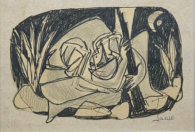 מרסל ינקו. , לוחמים במלחמת העצמאות, 1948, קולאז וטושים צבעוניים על נייר, 20\14 ס"מ, חתום, עבודה 