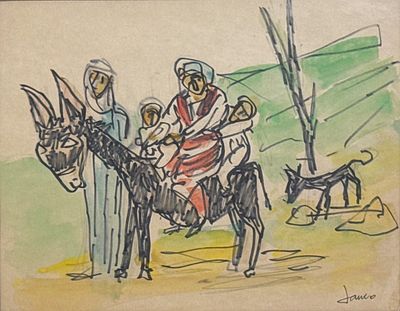 מרסל ינקו. דמויות ערביות על חמור, צבעי מים וטושים צבעוניים על נייר, 18.5x24 ס"מ, חתום, עבודה 