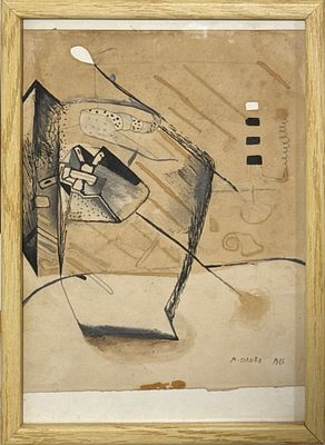 מיכאל דרוקס. ללא כותרת, צבעי מים, דיו ועפרונות על נייר, 26x20 ס"מ, חתום ומתוארך 1986, ממוסגר. 