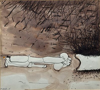 מיכאל דרוקס. ללא כותרת, גואש, צבעי מים ודיו על נייר, 22.5x20 ס"מ, חתום ומתוארך 1981, עבודה 