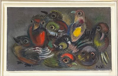 ישראל פלדי. ציפורים, שמן על בד, 22x34 ס״מ, חתום, ממוסגר, עבודה איכותית.