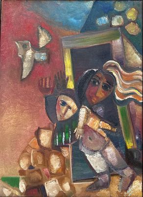 לאו רוט. מחווה לשאגאל, שמן על בד, 60x45 ס"מ, חתום, עבודה איכותית, ממוסגר