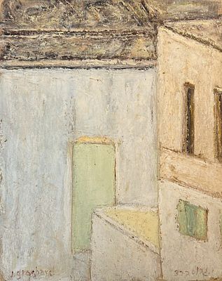 יהושע גרוסברד. נוף בתים , שמן על קרטון, 30x24 ס"מ, קופוזיציה ונושא אופייניים לאמן, מין חיפוש 