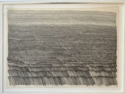 מיכה אולמן. נוף , עפרון על נייר בטכניקת פוינטליזם, 66x94 ס"מ, כולל מסגרת 80x105 ס"מ, חתום 