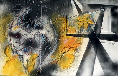 אורי ליפשיץ. ללא כותרת, טכניקה מעורבת על הדפס, טכניקה מעורבת על נייר, 77x110 ס"מ, חתום 