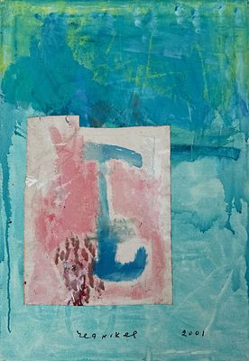 לאה ניקל. ללא כותרת , אקריליק וקולאז בד על בד מרכזי, 80x60 ס"מ, חתום ומתוארך 2001 מלפנים ומאחור 