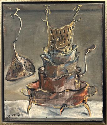 יוסל ברגנר. טבע דומם, שמן על בד, 35x30 ס"מ, חתום, מתואר ומוקדש מיובל ואישתו אודריי מלפנים ובגב 