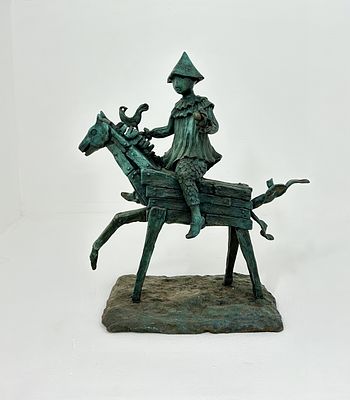 יוסל ברגנר. נער בידו יונה רוכב על סוס , פסל ברונזה חשוב של האמן, גובה 39 , רוחב 35, עומק 17 ס"מ 