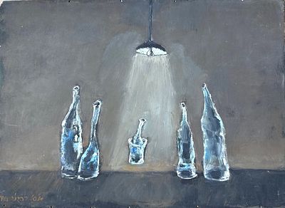 יוסל ברגנר. הארה, שמן על עץ, 54x70 ס"מ, חתום, מספר חורים בשולי היצירה ששימשו לתליה יחודית ולא 