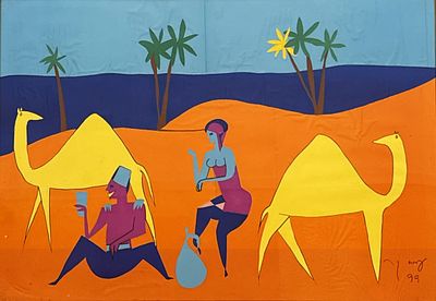 עמוס קינן. זוג וגמלים על החוף, קולאז על נייר, 70X100 ס"מ, מתוארך 1993, עמוס קינן היה אמן רב 