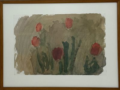 יאן ראווכורגר. פרחים, צבעי מים על נייר, 33X50 ס"מ, חתום מתוארך2005, עבודה איכותית של אמן עכשווי 