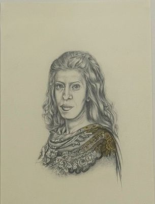 פאטמה אבו רומי. פורטרט עצמי של האמנית, רישום בעפרון ואבני סברובסקי על נייר ( יותר זוהרים 