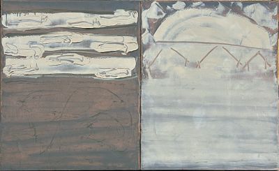 אסף בן צבי. מקדשי נוף, דיפטיך, שמן על בד, 128x78 ס"מ, חתום, מתואר ומתוארך 1994, עבודה איכותית 