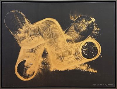 מרים כבסה. ללא כותרת, שמן ועלי זהב על בד, 90x120 ס"מ, חתום ומתוארך 2021, גודל היצירה מחזיק קיר 