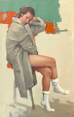 מישה רפפורט. נערה יושבת, שמן על בד, 60x40 ס"מ, חתום , עבודה איכותית של אמן עכשווי מוערך. מישה 