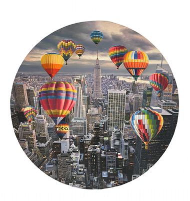 שי קון. כדורים פורחים מיל ניו יורק ביום, שמן על בד, קוטר 60 ס״מ, חתום. שי קון (Shay Kun), נולד 