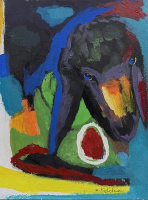 מנשה קדישמן. ראש כבשה צבעונית, אקריליק על בד, 80x60 ס"מ, עבודה איכותית, חתום מלפנים ומאחור. מנשה 