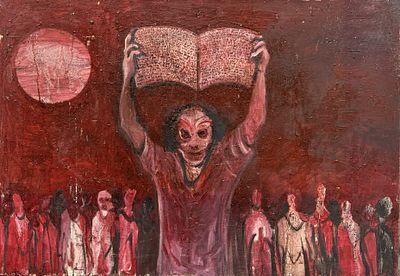 אסי משולם. סצנה מתוך מהסדרה מסדר הטומאה, שמן על בד, 70x100 ס"מ, חתום ומתוארך 2008.עבודה איכותית 