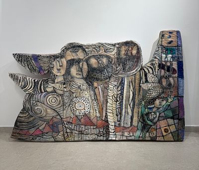 נפתלי בזם. העליה וסולם יעקב, פסל \ אוביקט לתליה על קיר\ מונח כפסל רצפה. שמן על עיסת נייר, פסל 