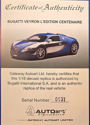 Bugatti Veyron L’Edition Centenaire – דגם מיניאטורי מורשה בקנה מידה 1:18 מתוצרת AUTOart Signature. 