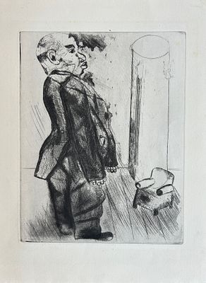 מארק שאגאל . ״סובקביץ׳ ליד הכורסה״ (Sobakevitch pr&egrave;s du fauteuil). תחריט על נייר (Etching) 