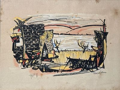 מרסל ינקו . טבריה, צבעי מים וטוש על נייר, 32x42 ס"מ, כתמי חמצון קלים, ממוסגר. עבודה איכותית. 