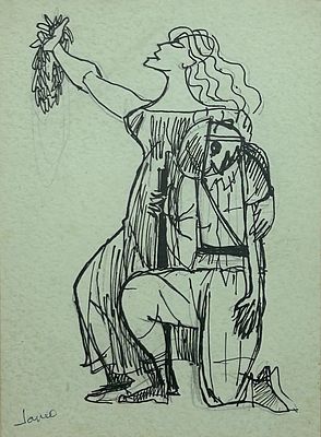 מרסל ינקו . חייל בחיק אישה עם זר עלי דפנה, טושים על נייר, 24x18 ס״מ, חתום וממוסגר. 
מרסל ינקו 