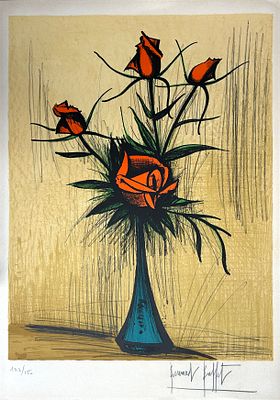 ברנרד בופה - Bernard Buffet! ורדים באגרטל כחול (Roses dans un vase) ליטוגרפיה חתומה ביד האמן 