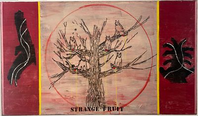 מיכל נאמן, Strange Fruit, שמן על בד, 140x70 ס״מ, חתום ומתוארך 2015 בגב, ממוסגר. העבודה משלבת 