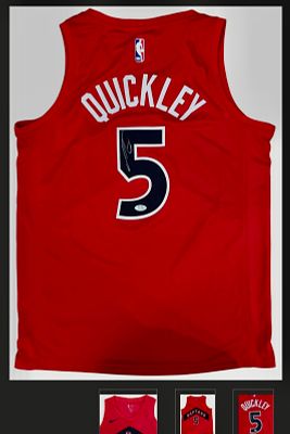 חולצת Toronto Raptors חתומה על ידי השחקן עמנואל קוויקלי / Immanuel Quickley, מספר 5, עם מדבקת 