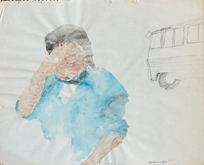 פמלה לוי . ״dust in the eye”, צבעי מים ועיפרון על נייר, מידות- 34x43 ס״מ, חתום ומתוארך 1985. 