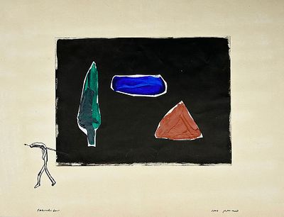 פנחס כהן גן . ללא כותרת, שמן, קולאז ודיו על נייר, 50x70 ס״מ, חתום ומתוארך 1977. עבודה חומרית 