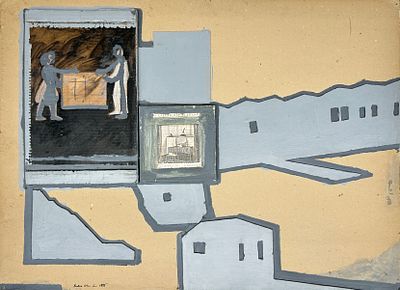 פנחס כהן גן . ללא כותרת, אקריליק, אסמבלאז׳ על בד מונחים על משטח קרטון קשיח, מידות 77x106 ס״מ 