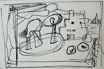 אהרון כהנא. ללא כותרת, דיו על נייר, 17x25 ס״מ, חתום. 
אהרון כהנא (1905–1967), נולד בשם ארתור כהן 